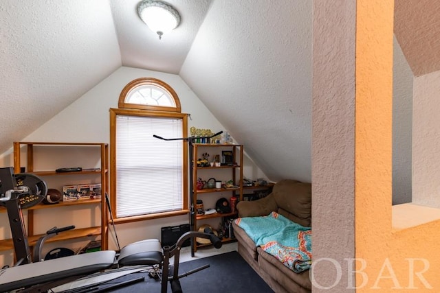 bedroom with vaulted ceiling, a textured ceiling, and carpet