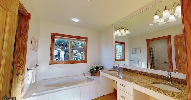 full bath featuring double vanity, a sink, a shower with shower curtain, and a bath