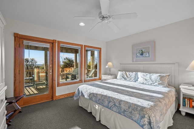 carpeted bedroom with baseboards, a ceiling fan, and access to exterior