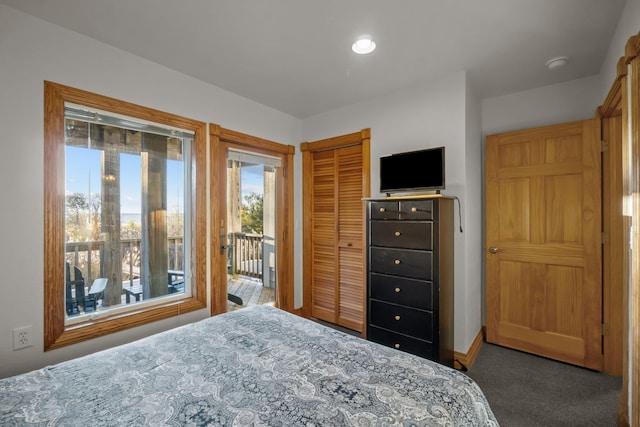 bedroom featuring access to exterior, a closet, and carpet flooring