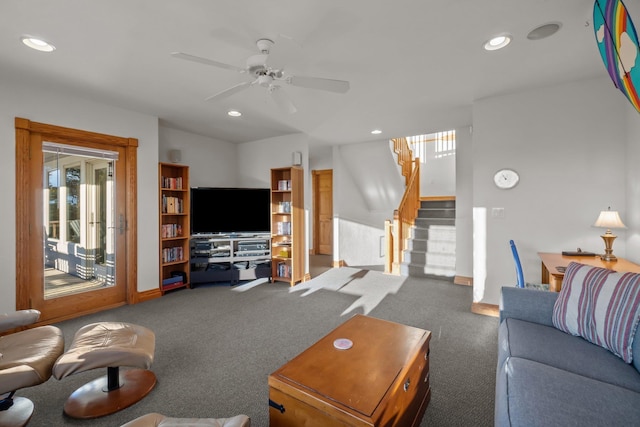 living room with a ceiling fan, stairway, carpet flooring, and recessed lighting