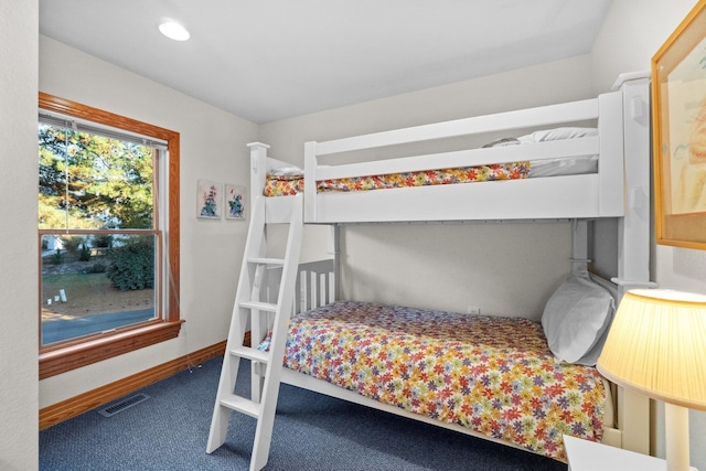 bedroom featuring recessed lighting, carpet flooring, visible vents, and baseboards