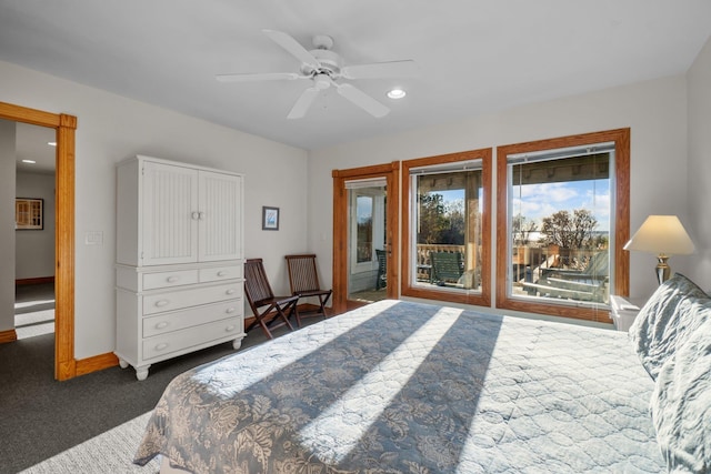 carpeted bedroom with access to outside, recessed lighting, a ceiling fan, and baseboards