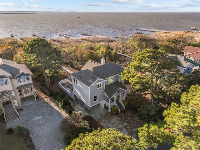 aerial view featuring a water view