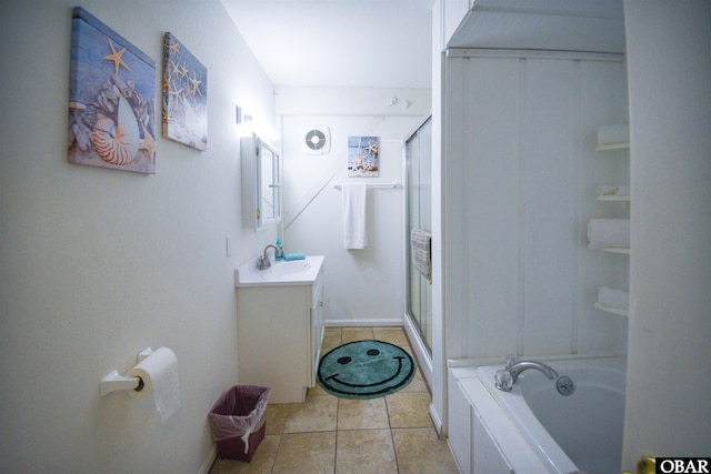 2330 Ocean Sands Rd Lot 10, Corolla, NC 27927 - full bathroom with vanity, an enclosed shower, a bathtub, and tile patterned flooring