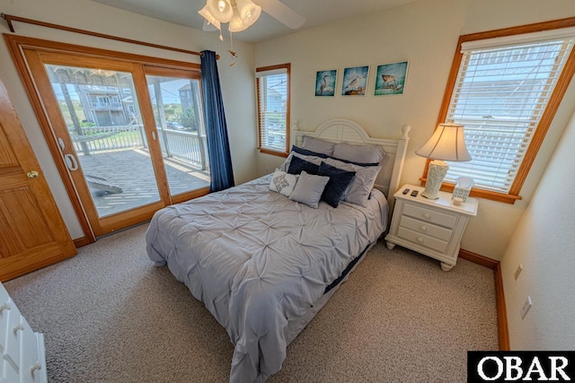 bedroom with baseboards, access to outside, a ceiling fan, and light colored carpet