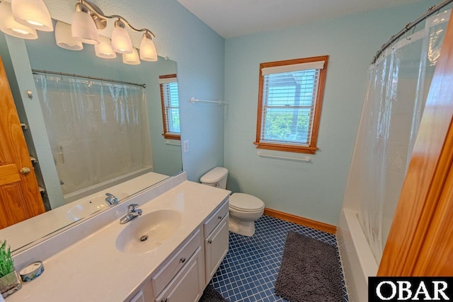 full bathroom with toilet, tile patterned flooring, baseboards, and vanity