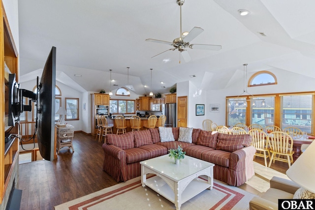 770 Bayberry Ct Lot 81, Corolla, NC 27927 - living room with vaulted ceiling, wood finished floors, and a ceiling fan