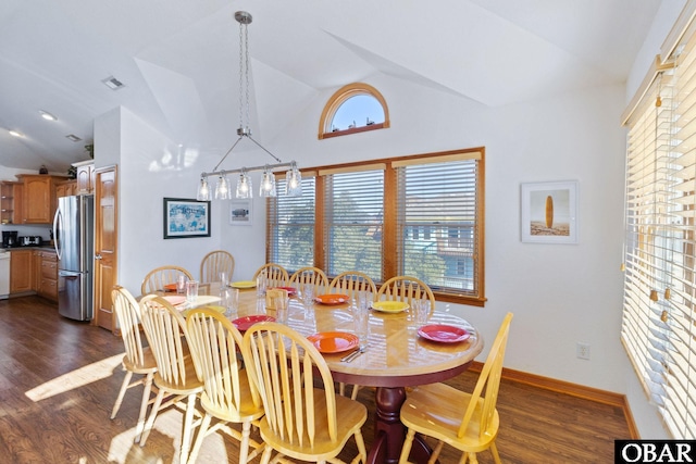 770 Bayberry Ct Lot 81, Corolla, NC 27927 - dining room with dark wood-style floors, baseboards, and high vaulted ceiling