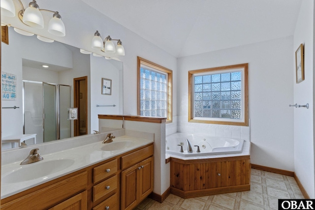 770 Bayberry Ct Lot 81, Corolla, NC 27927 - bathroom with a shower stall, double vanity, a jetted tub, baseboards, and tile patterned floors