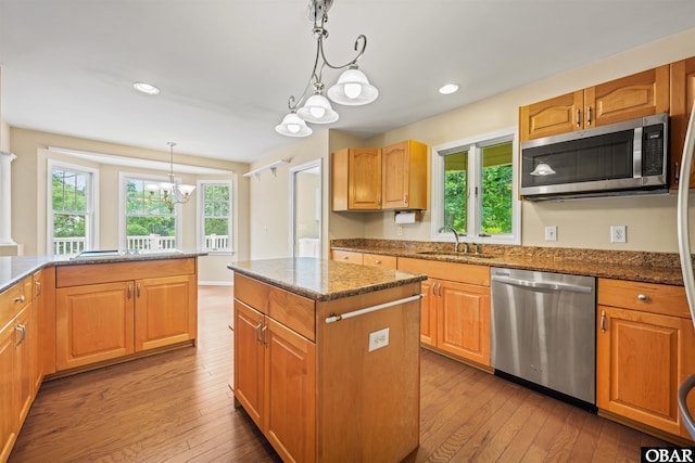 4 Birch Ln Lot 15, Southern Shores, NC 27949 - kitchen with stainless steel appliances, a chandelier, hardwood / wood-style flooring, dark stone counters, and healthy amount of natural light