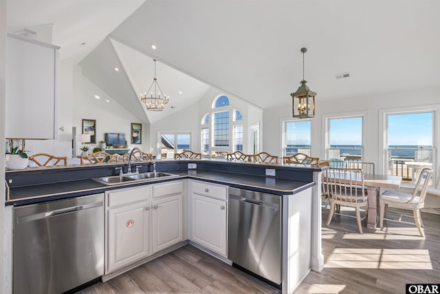 54053 Sandpiper Dr Lot 4, Frisco, NC 27936 - kitchen featuring stainless steel dishwasher, dark countertops, a chandelier, and high vaulted ceiling