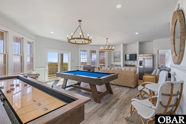 54053 Sandpiper Dr Lot 4, Frisco, NC 27936 - playroom featuring a chandelier, light wood-style floors, billiards, recessed lighting, and a wainscoted wall