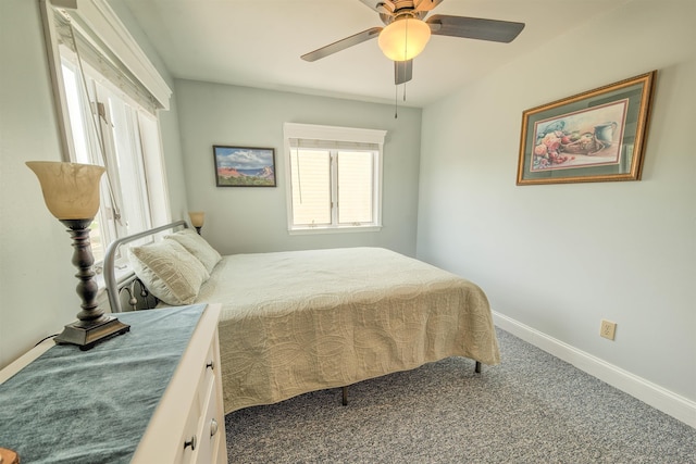 bedroom featuring carpet, ceiling fan, and baseboards