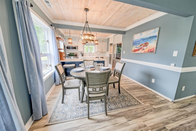 dining room with wood ceiling, light wood-type flooring, visible vents, and baseboards