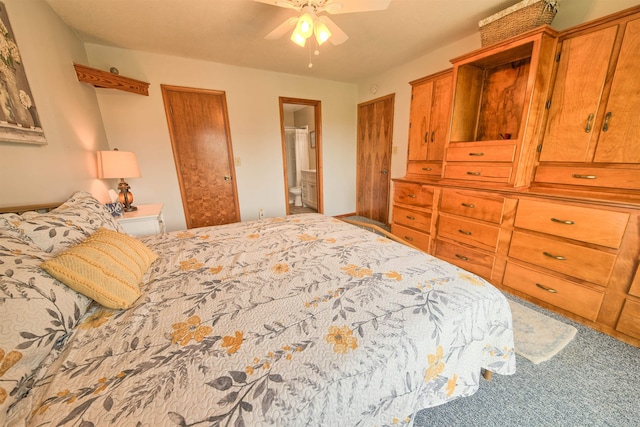 bedroom featuring a ceiling fan and connected bathroom