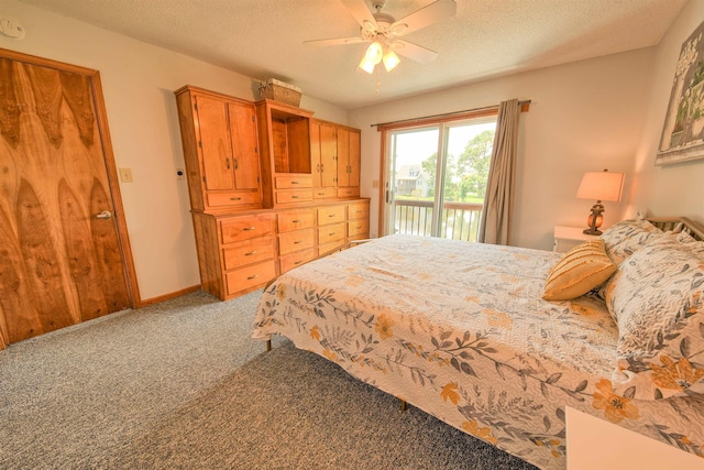 carpeted bedroom with access to exterior, ceiling fan, a textured ceiling, and baseboards