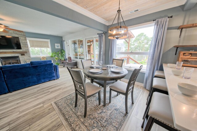 dining area featuring crown molding, visible vents, light wood-style floors, ceiling fan, and a stone fireplace