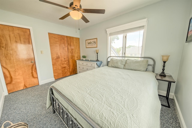 bedroom with a closet, carpet flooring, a ceiling fan, and baseboards