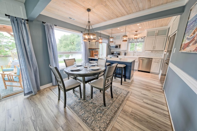 dining area featuring wooden ceiling, baseboards, visible vents, and light wood-style floors