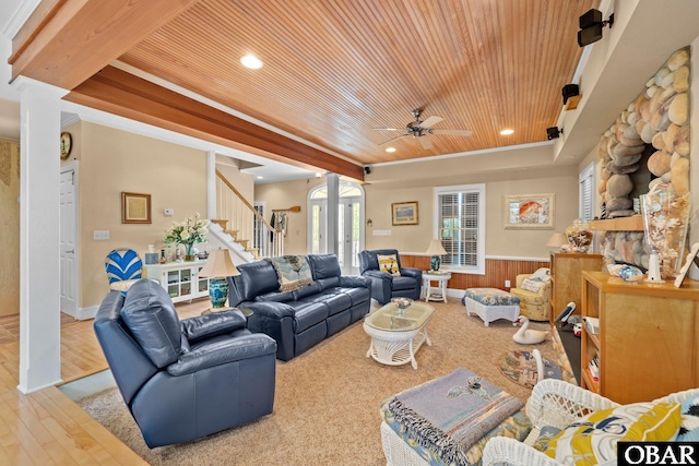 50112 Captains Ct Lot 221, Frisco, NC 27936 - living room with wainscoting, wooden ceiling, stairs, a ceiling fan, and wood finished floors