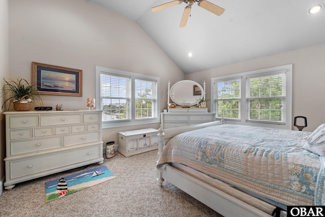 50112 Captains Ct Lot 221, Frisco, NC 27936 - carpeted bedroom with multiple windows, recessed lighting, ceiling fan, and high vaulted ceiling