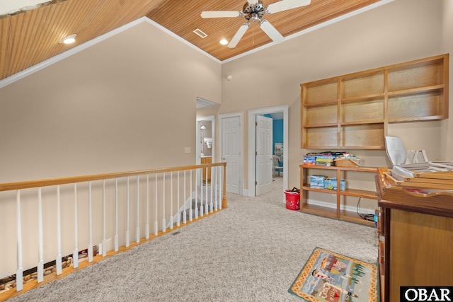 50112 Captains Ct Lot 221, Frisco, NC 27936 - office area with ornamental molding, a ceiling fan, vaulted ceiling, carpet flooring, and wooden ceiling