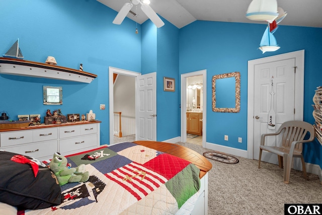 50112 Captains Ct Lot 221, Frisco, NC 27936 - bedroom featuring high vaulted ceiling, light carpet, ensuite bath, and a ceiling fan