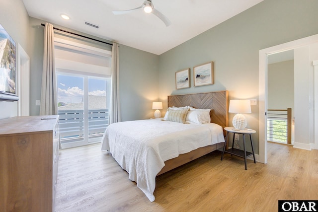 bedroom featuring a ceiling fan, visible vents, baseboards, access to outside, and light wood-type flooring