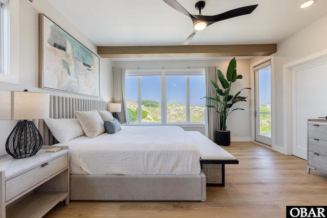 bedroom with light wood-type flooring, baseboards, a ceiling fan, and recessed lighting