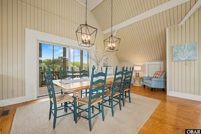 dining room with an inviting chandelier, wood finished floors, high vaulted ceiling, visible vents, and wooden walls