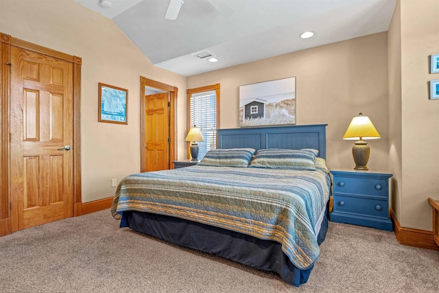 carpeted bedroom featuring visible vents, baseboards, ceiling fan, vaulted ceiling, and recessed lighting