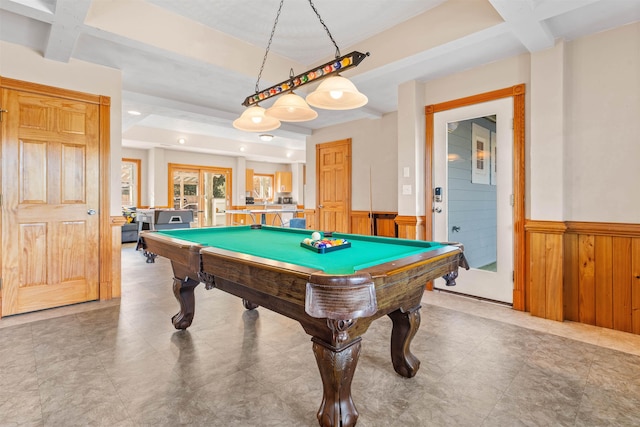 rec room with beam ceiling, a wainscoted wall, recessed lighting, pool table, and wood walls