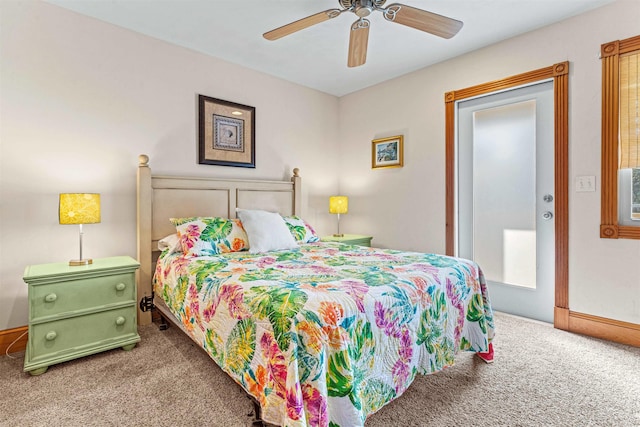 bedroom with carpet flooring, ceiling fan, and baseboards