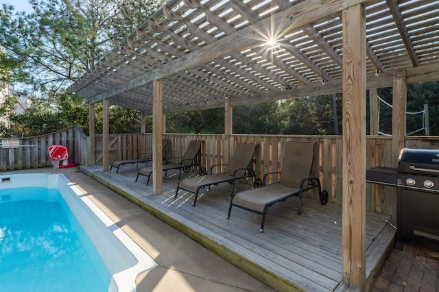 view of pool featuring a fenced backyard, a fenced in pool, a deck, and a pergola