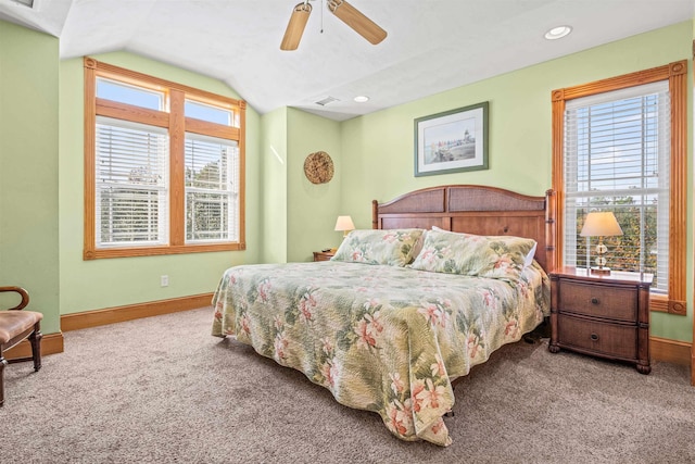 carpeted bedroom with lofted ceiling, recessed lighting, visible vents, ceiling fan, and baseboards