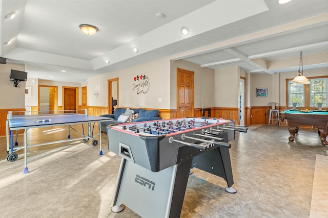 rec room with recessed lighting, pool table, wainscoting, beam ceiling, and a raised ceiling