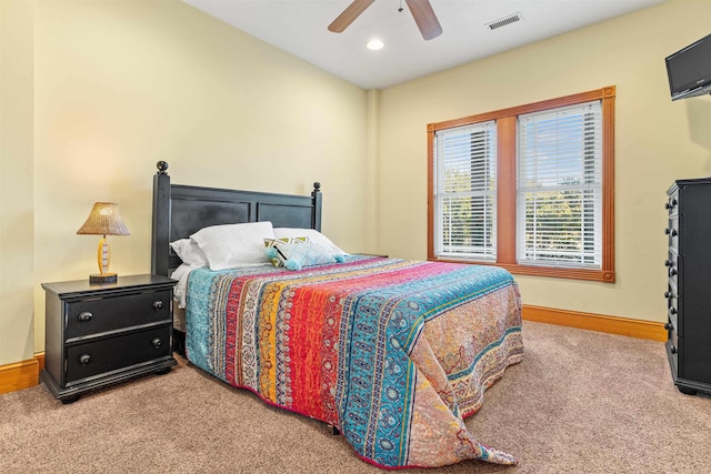 bedroom featuring carpet, visible vents, baseboards, and recessed lighting