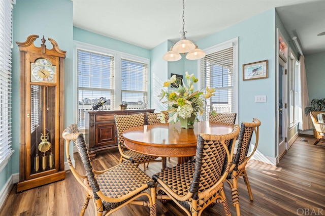 dining space featuring baseboards and dark wood-style flooring