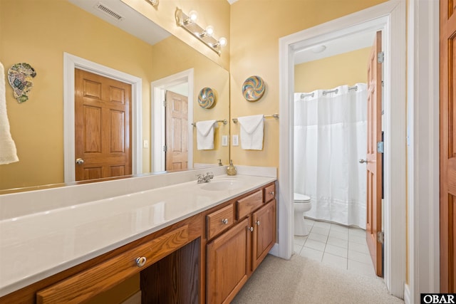 full bath featuring visible vents, toilet, a shower with curtain, tile patterned flooring, and vanity