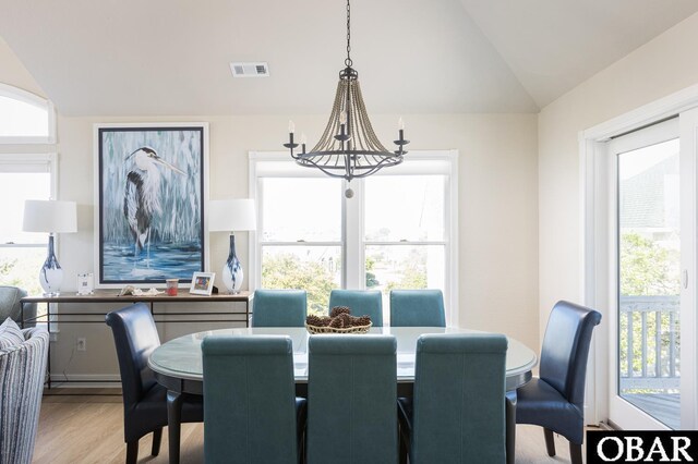 dining area with lofted ceiling, plenty of natural light, visible vents, and a notable chandelier