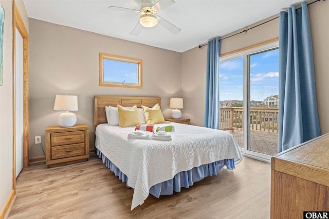 bedroom with light wood-type flooring, access to outside, baseboards, and a ceiling fan