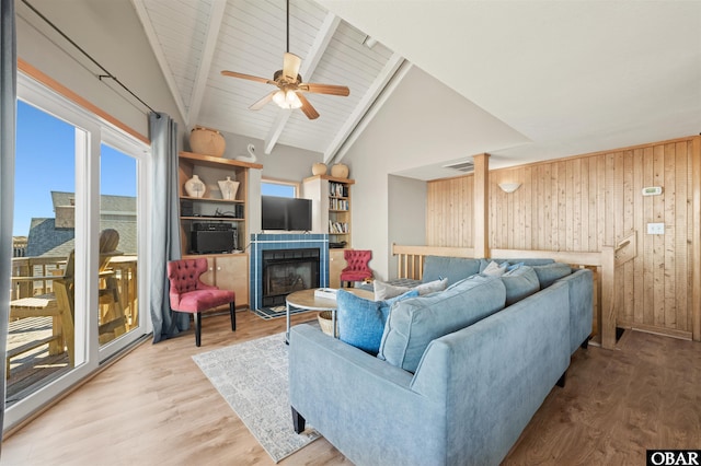 living area featuring vaulted ceiling with beams, wooden walls, and wood finished floors