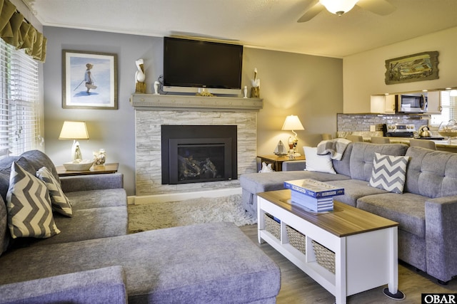 400 Driftwood Dr Lot 168, Elizabeth City, NC 27909 - living area featuring healthy amount of natural light, ceiling fan, wood finished floors, and a stone fireplace
