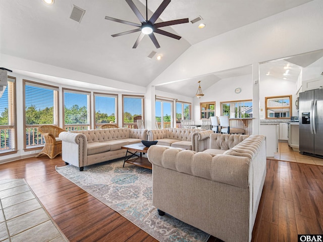 2250 Ocean Pearl Rd Lot 13, Corolla, NC 27927 - living area with high vaulted ceiling, ceiling fan, light wood-style flooring, and recessed lighting
