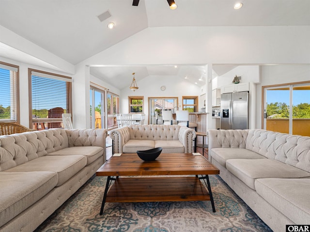 2250 Ocean Pearl Rd Lot 13, Corolla, NC 27927 - living room featuring vaulted ceiling, a ceiling fan, and recessed lighting