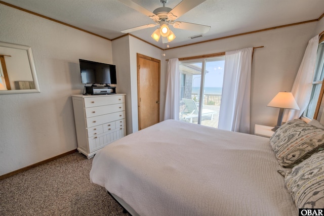42075 Ocean View Dr Lot 3, Avon, NC 27943 - bedroom with access to outside, carpet floors, baseboards, ceiling fan, and crown molding
