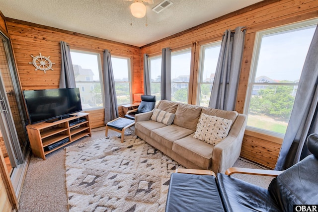 42075 Ocean View Dr Lot 3, Avon, NC 27943 - living area featuring wood walls, a textured ceiling, healthy amount of natural light, light colored carpet, and ceiling fan