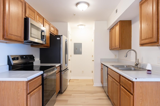 kitchen with light countertops, appliances with stainless steel finishes, a sink, and electric panel