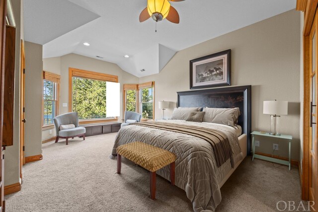 bedroom featuring ceiling fan, recessed lighting, carpet floors, baseboards, and vaulted ceiling